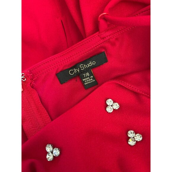 Y2K City Studio Red Rhinestone Embellished Cocktail Dress Size 7/8 Sleeveless - Picture 5 of 7